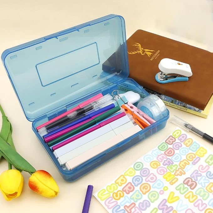 Blue Pencil Case Plastic Hard Clear Pencil Box Crayon Box Organizer 1 Pack Office Supplies Storage Container Organizer Boxes for Pens Crayon School Stylish Art Office Supplies Storage Medium
