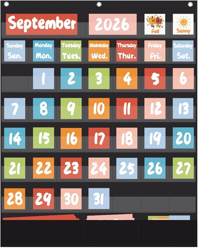 Classroom Calendar Pocket Chart with 70pcs Cards, Kids Calendar Pocket Chart for Classroom Decor, Circle Time Learning Center, School Homeschool Supplies (Black A)