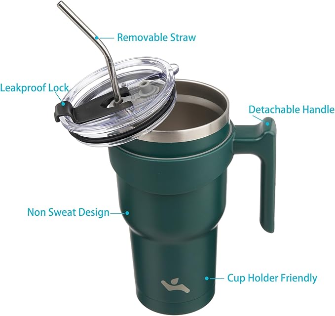 Konokyo 30 oz Tumbler with Handle and 2 Straw 2 Lid, Insulated Water Bottle Stainless Steel Vacuum Cup Reusable Travel Mug,Army Green