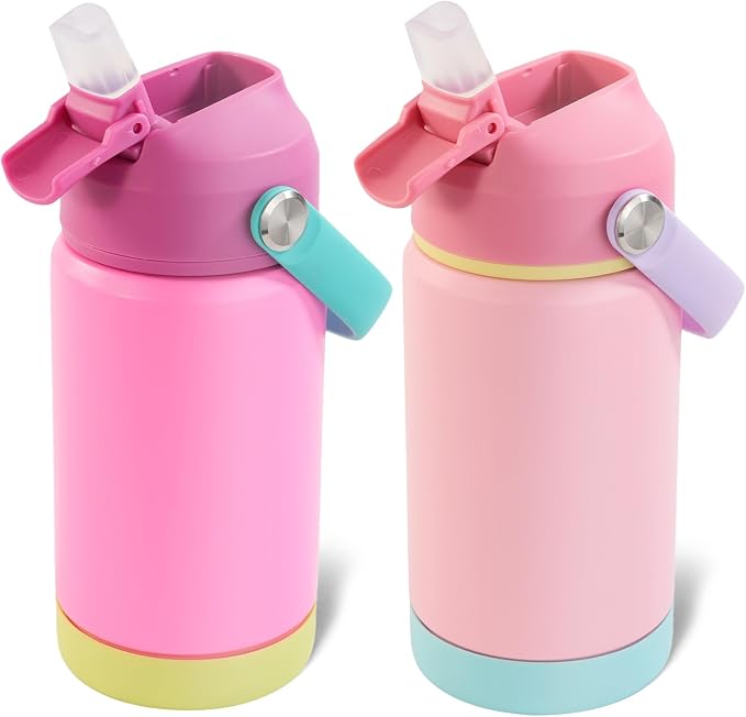 Kerilyn 12oz Kids Water Bottle 2 Pack, Stainless Steel Insulated Water Bottle Bulk, Toddler Cups with Straws Leak-Proof, Kids Water Bottles for School Boys Girls, BPA Free, Rose Red+Charm Pink