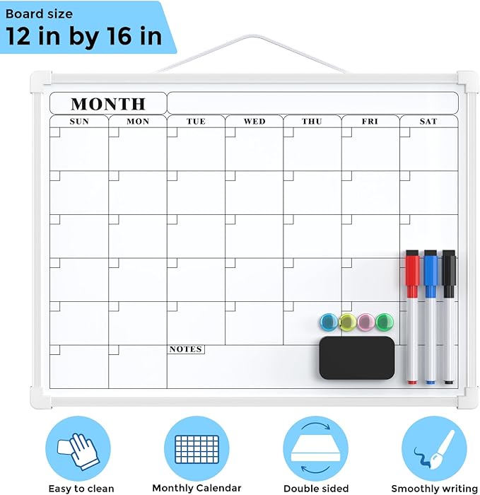 MaxGear Monthly Calendar Dry Erase Board for Wall, 16"x12" Small Hanging Double-Sided White Board, Portable Whiteboard for Planning, Drawing, Memo, to Do List, School, Home, Kitchen, Office