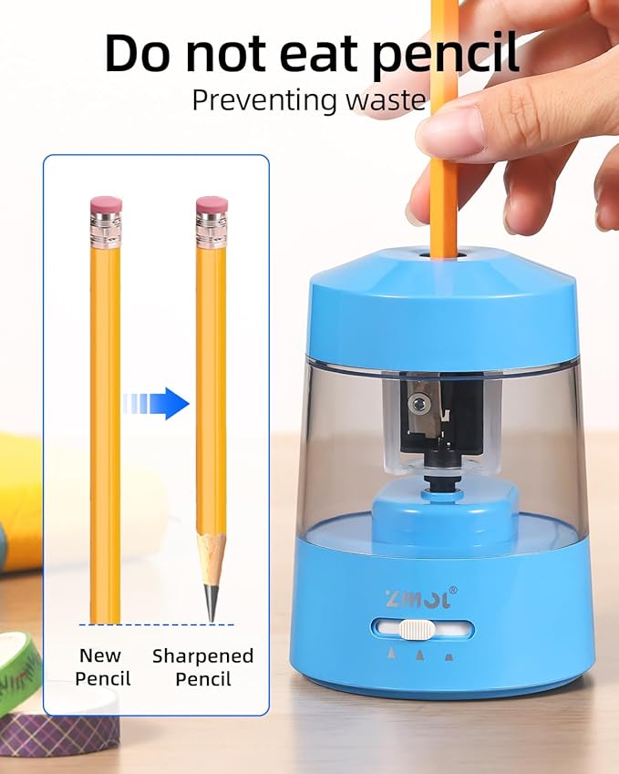 ZMOL Electric Pencil Sharpener Battery Operated Power Kids for Colored & Jumbo Pencils No.2/(6-12mm) - Safe & Easy Use Plug in Portable with (AC Adapter,USB, Battery) for Classroom/Office/Home Blue