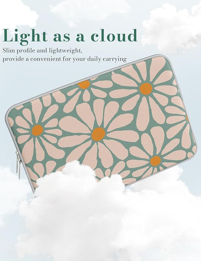 iCasso Laptop Sleeve 13 inch for MacBook Air 13-13.6 inch, Chic Laptop case for MacBook Pro 13 inch, Slim Protective Travel Carrying Case for MacBook Pro 14 inch, Chromebook, HP, Dell, Green Daisy