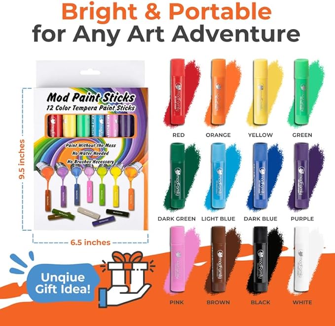 Washable Tempera Paint Sticks for Kids 12 Count - ModFamily Mod Paint Sticks- Non-Toxic Quick-Drying Paint Markers, Mess-Free Art Set for Toddlers & Children – No Water or Brushes Needed