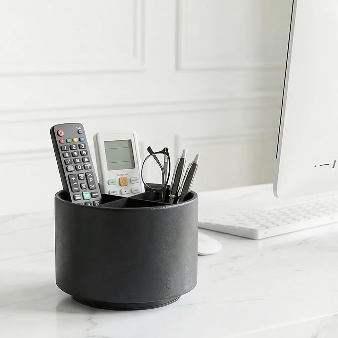 Round Leather Art Supply Organizer,Remote Control Holder,360 Degree Spinning,Multi-Functional Pencil Holder,4 Compartments Desktop Stationary Organizer(1-Sheep Black)