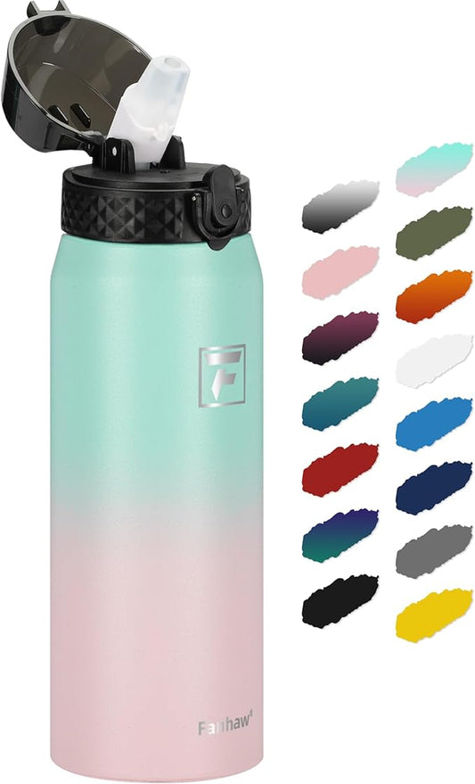 Fanhaw 24 Oz Kids Insulated Stainless Steel Water Bottle with Straw Lid, Leakproof & Anti-Dust Everyday Use Bottle for School, Women & Men, Back to School Essentials (Green Pink)