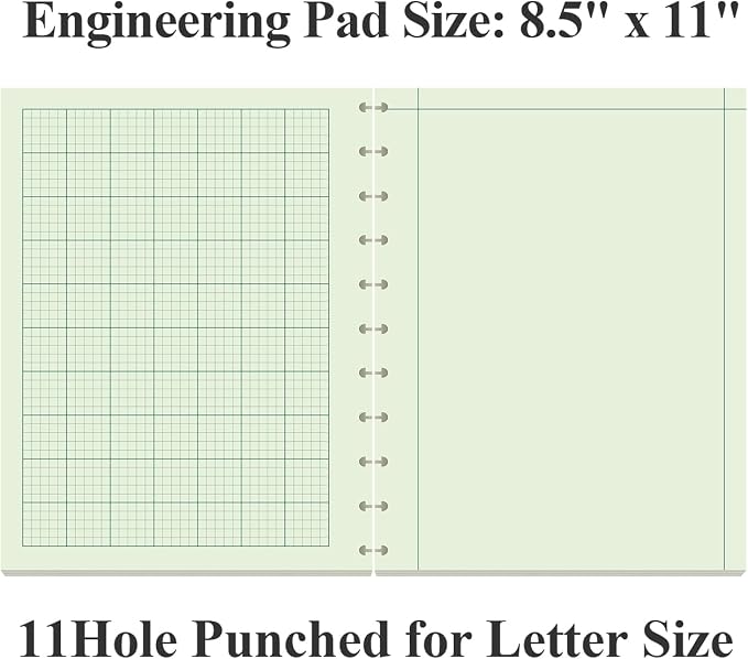 Yaridar Letter Size Discbound Engineering Paper - 50 Sheets/100 Pages Graph Paper, 11 TUL Disc 100Gsm Green Tint Paper, 5 x 5 Graph Rule on Back, 8-1/2" x 11"