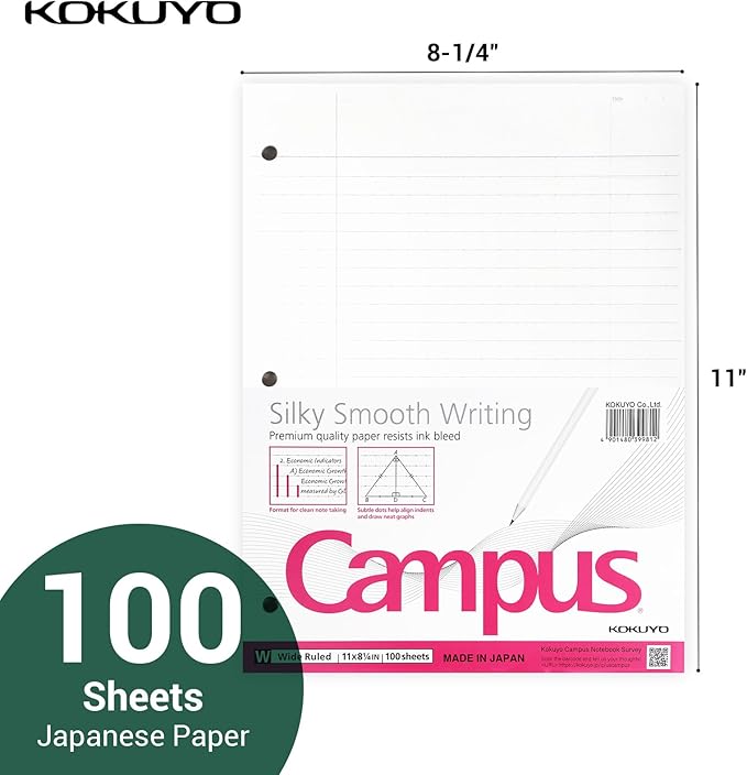 Kokuyo Filler Papers, 8-1/4"x11”, Wide Ruled 3 Hole Punched Loose Leaf Paper, 100 Sheets Bleed Resistance Notebook Paper, Japanese Smooth Lined Paper for 3 Ring Binders School Supplies, Japan Import