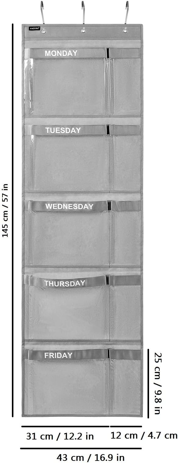Weekly Kids Clothes Organizer Day of Week School Clothing Storage Monday to Friday Hanging Closet Organizer (GREY)