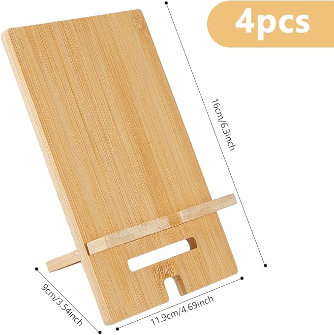 DICOSMETIC 4Pcs Bamboo Book Stand Wooden Desktop Book Holder Small Tabletop Book Rack Wood Easel Stand with Charging Hole for Smartphone Tablet Office Home Living Room