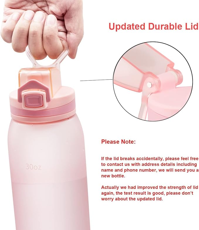 30oz Water Bottle with Time Markers and Filter, BPA Free Large Durable Portable Plastic Bottle for school (Pack of 1)