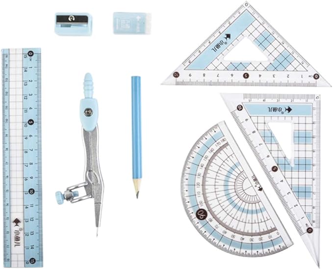 8 Pcs Compass/Math Set for Students with Shatterproof Storage Box, Geometry Set for School, Includes Ruler, Protractor, Compass, Pencil,Pencil Sharpener and Eraser,etc. Perfect Gift