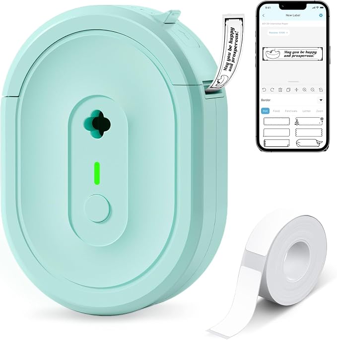N12 Label Maker Machine with 1 Tape Bluetooth Label Printer, Green | Portable Mini Thermal Sticker Printer with Multiple Templates, Labeling Machine for Home/Kitchen/School/Office Organization