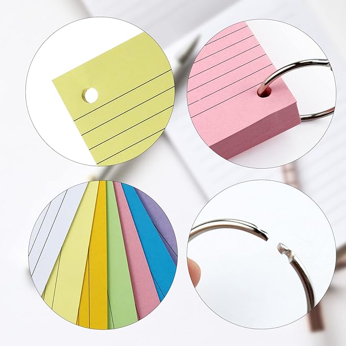 Tecmisse 600 Pieces Index Cards Rulded, Colorful Flash Cards 3 x 5 Index Card with Rings, Heavy Study Cards, Note Cards Punched for School Learning, Office and Home Uses (7-Color Thickened)