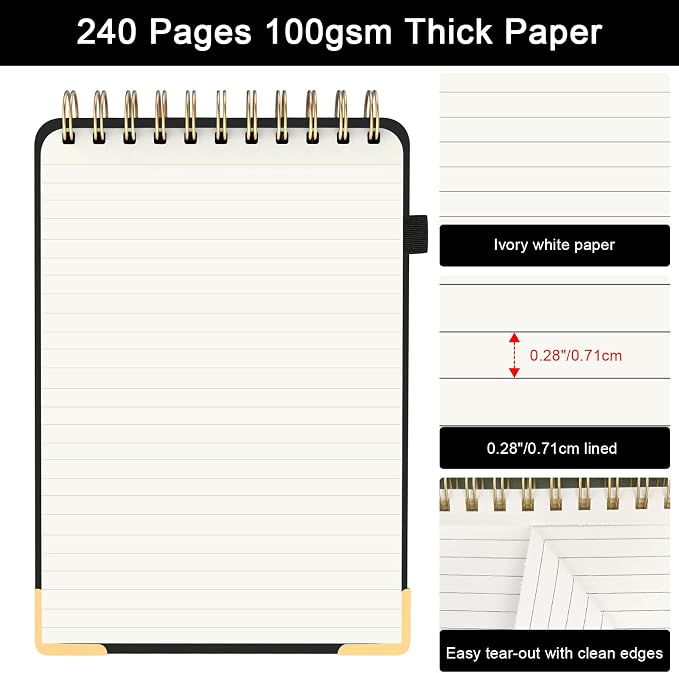 A5 Top Spiral Notebook, Tree Pattern Large Leather Hardcover Left Handed Journal, 240 Pages 100 Gsm Lined Paper Top Bound Steno Pads for Work, School, Travel Writing - Black, 5.9" x 8.5"