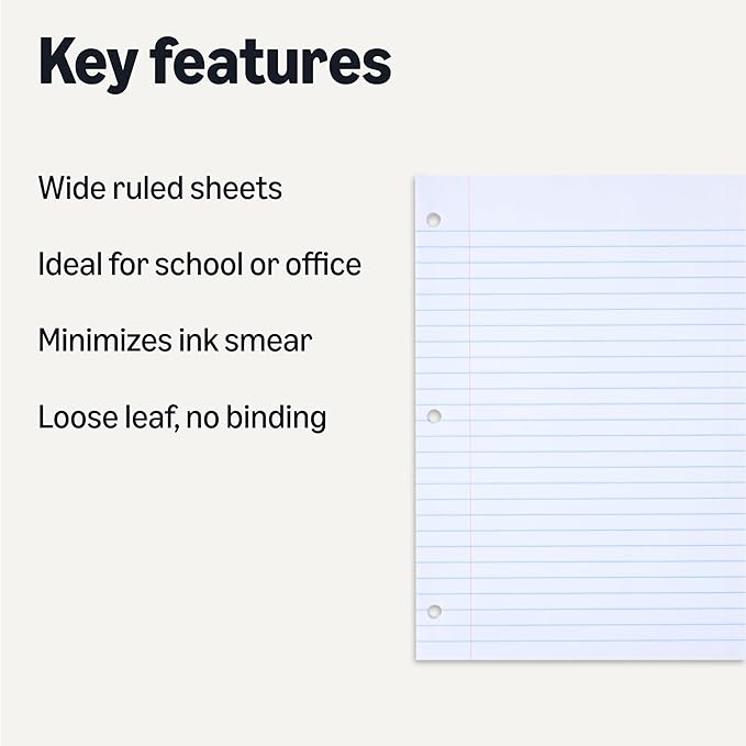 Amazon Basics Wide Ruled Loose Leaf Paper, 10.5" x 8", 100 Sheets, White, 6-Pack