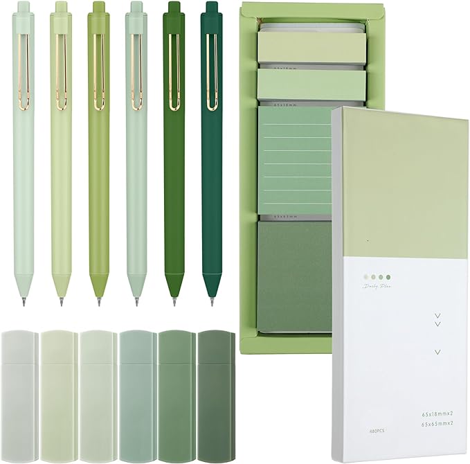 Resurhang Aesthetic Stationery Set Supplies Sticky Notes Set 6 Mini Correction Tapes 6 Retractable Black Ink Pens 0.5mm Fine Point Paper Corrective Pen Self Stick Index Tabs(Green)