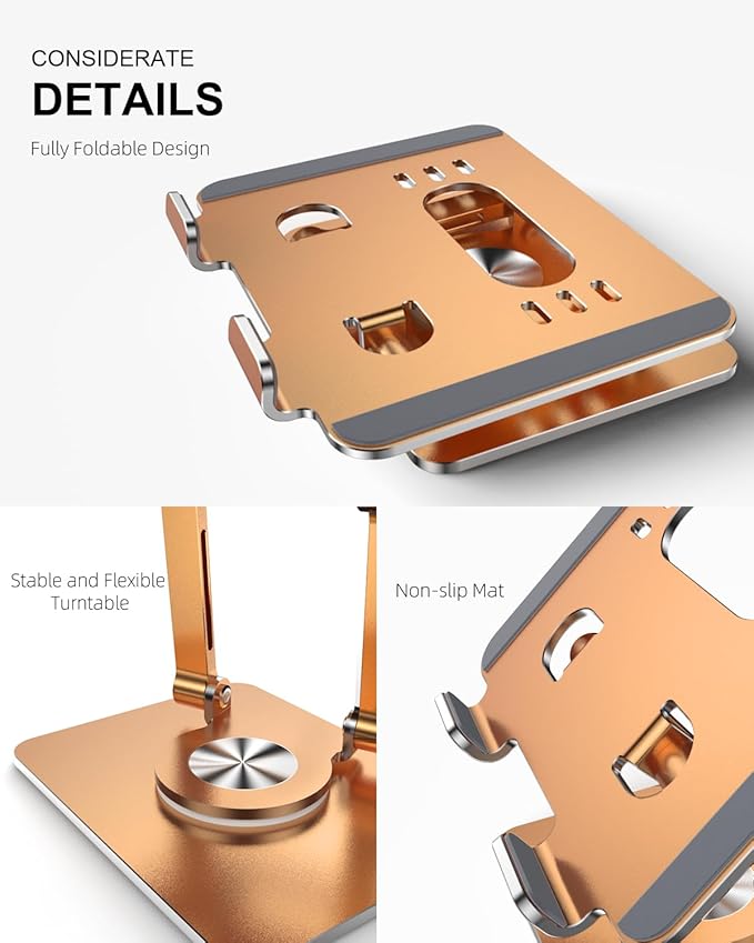 Orlian Tablet Stand Holder with Thickened 360°Rotating Base Dual Rod Adjustable Aluminum Stand for All 5.8-12.9” iPad Samsung Phone Tablet Kindle E-Reader and More, Rose