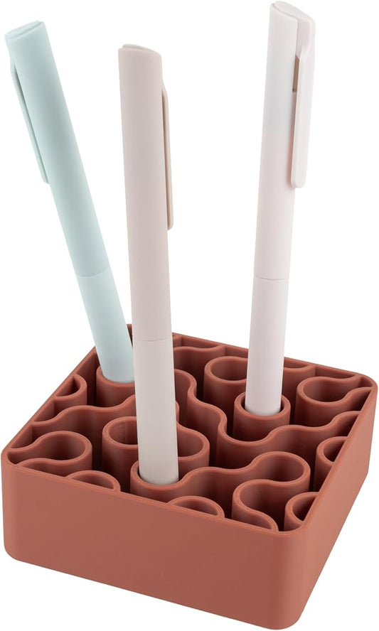 Modern Desk Pen & Pencil Holder Organizer | Unique Squiggle Design, Matte Finish, Non-Slip Rubber Feet | Stylish Office Desk Accessory & Storage for Home, Work, Classroom (Matte Terracotta)