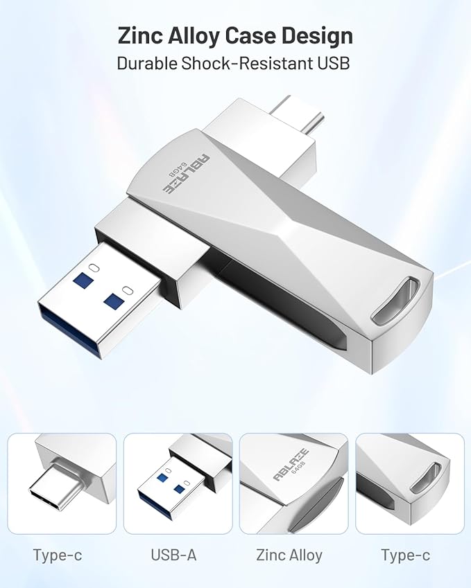 ABLAZE 64GB USB C Flash Drive, Dual USB 3.0+Type C Flash Drive Compatible with iPhone 16/15,Android Smartphone,Computer,Tablet Mac Laptop (Sliver)