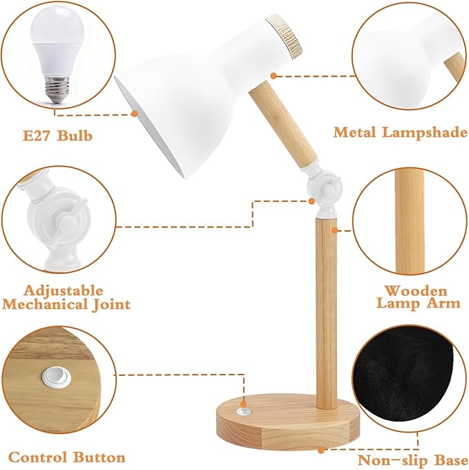 LED Desk Lamps for Home Office, Table Lamp with Adjustable Swing Arm 3 Color Modes Reading Light, Living Room Bedroom Room Lighting Bedside Table Lamps Home Decoration, with E27 Bulb (White lamp)