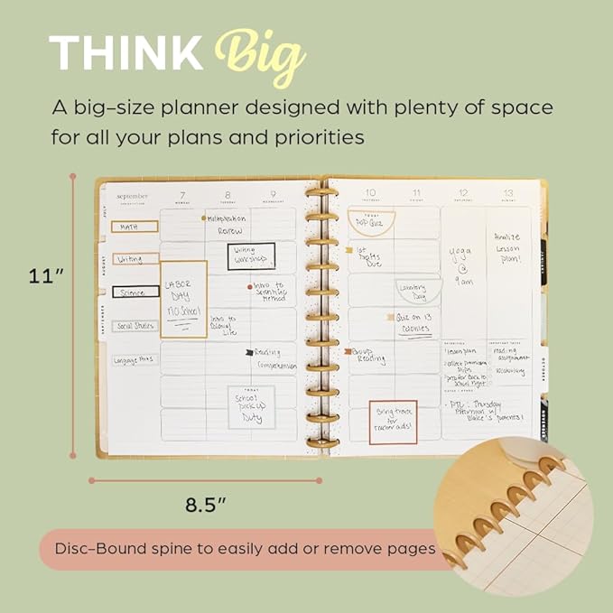 Happy Planner Disc-Bound 12-Month July 2026–June 2027 Academic Planner with 3 Extra Months, Big Size, 8.5" x 11", Teacher Layout, Soft + Modern