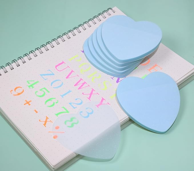 ONLYKXY Glitter Heart Shape Transparent Sticky Notes for Annotating,2.8in Pastel Color Waterproof Index Sticker Self-Stick Book Tabs Soft PET Marker Memo Pad for Home School Office (6, Blue)