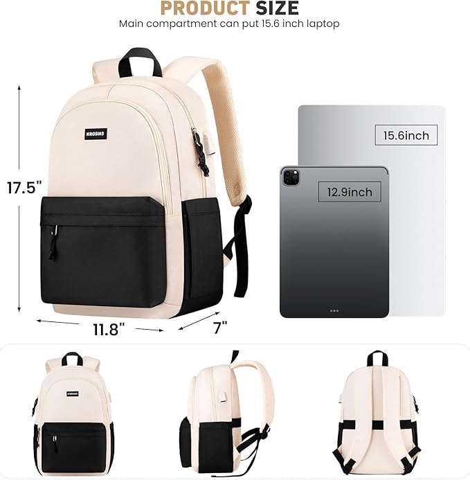 KROSIAS School Backpack for Teens Girls, Cute Student Bookbag Large 15.6 Inch Laptop Bag Aesthetic College Backpacks for Women High School Travel (Black Beige)