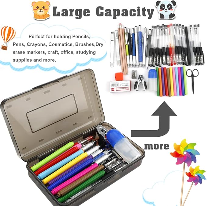 Pencil Box, Large Capacity Clear Pencil Case, 1 Pack Hard Pencil Case, Crayon Box with Snap-tight Lid Stackable Design, Plastic Storage Box for Office Supplies, Black