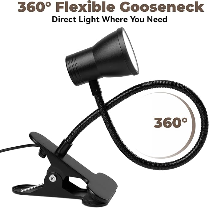 Eye-Caring Clip On Desk Lamp, 3 Color Modes & 10 Brightness LED Reading Light with Clamp, 360° Rotatable Gooseneck Reading Light, Portable Clamp Lamp for Bedroom, Office and Study (Black-Small)