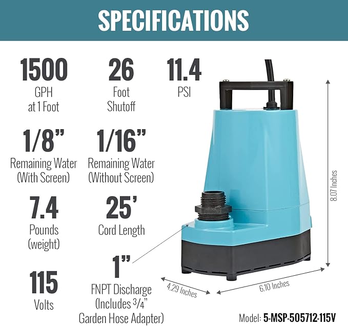 Little Giant 5-MSP 115V, 1/6 HP, 1500 GPH Manual Utility Pump, 25' Cord | Manual Submersible Utility Pump, 1500 GPH, Aluminum Housing, No Float Switch, 25-Foot Cord, 115V, Model 5-MSP
