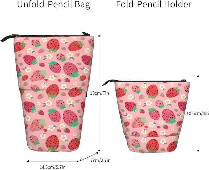 Strawberry Kids Standing Pencil Case Girls Boys Telescopic Stationary Pouch with Zipper Large Capacity Stand up Pen Bag Portable Makeup Holder for Children School Students Office Supplies