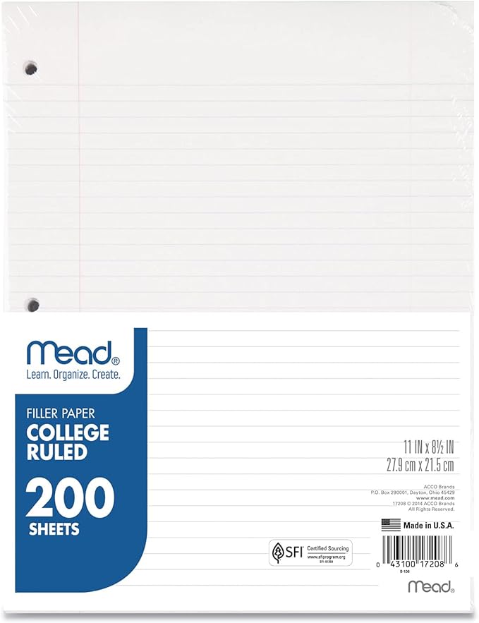 Filler Paper, 15lb, College Rule, 11 x 8 1/2, White, 200 Sheets