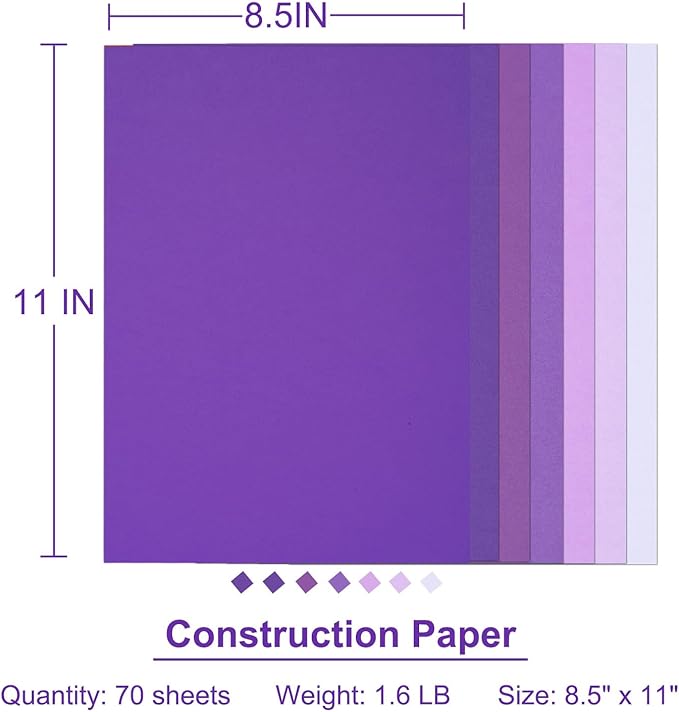 Construction Paper 8.5x11 in,70 Sheets,Set of 7 Colors 178GSM/65LB Heavyweight Construction Paper,Crafts,Arts,School Classroom Art Supplies Assorted Colors Bulk Paper