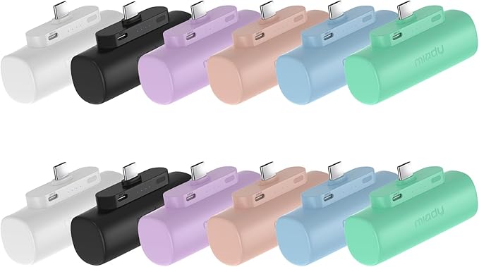 Miady 2-Pack 5000mAh Mini Portable Charger with Built-in Type C Connector, Ultra-Compact USB-C Output Charging Small Power Bank (Black+White+Lake Green+Clove Purple+Cream Blue+Champagne Pink)