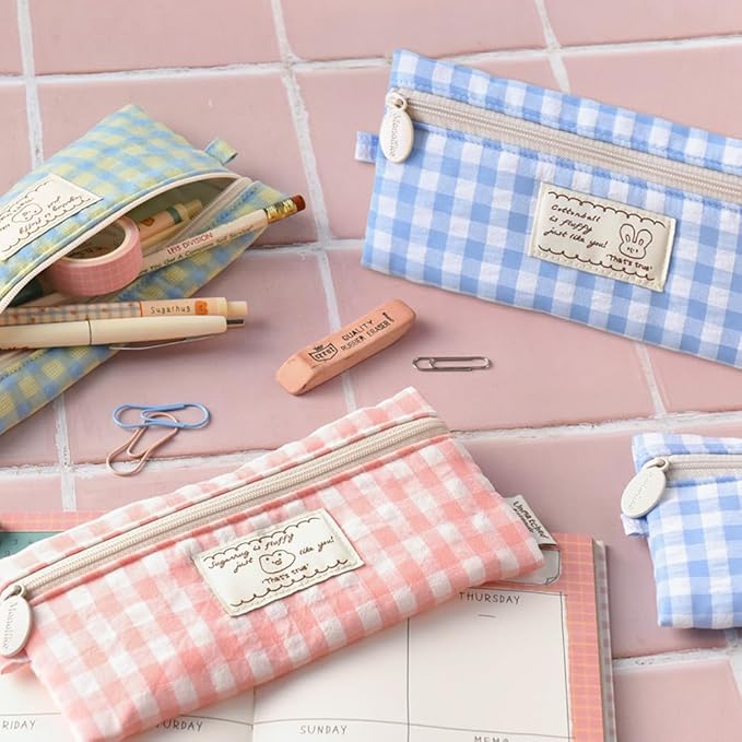 Monolike_Fabric/Cushion Pencil case (Unmatched Friends Fabric Check Pencil Case, Blue)