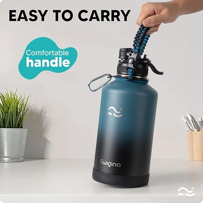 Swigina 64 oz Insulated Water Bottle with Silicone Boot (48hrs Cold/24hrs Hot) - DIY Stickers, Leakproof, BPA Free, Half Gallon [2-IN-1 LID]