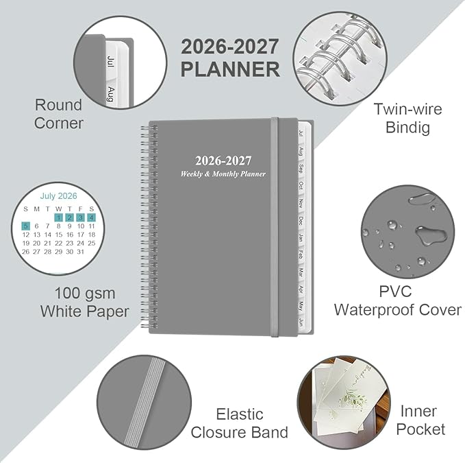 2026-2027 Planner - Planner 2026-2027 from July 2026 to June 2027 with 12 Monthly Tabs, Flexible Cover, Inner Pocket, 8.5" x 11", Grey-B