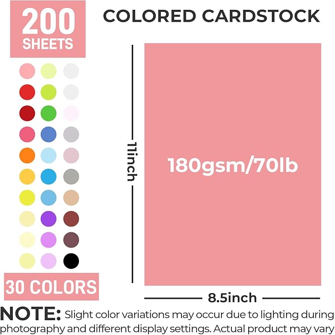 Koogel 200 Sheets Colored Cardstock, 8.5 x 11 Inches,70lb/ 180gsm, 30 Colors Scrapbook Paper for DIY Crafts Card Making, Back to School Supplies
