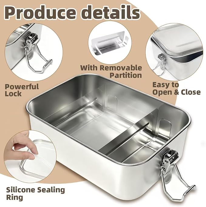 Adult Stainless Steel Lunch Box, 40oz/1200ml Metal Bento Box Removable Dividers, Reusable Food Storage Containers with Lids Leak Proof for Travel, Work, Picnic, Home