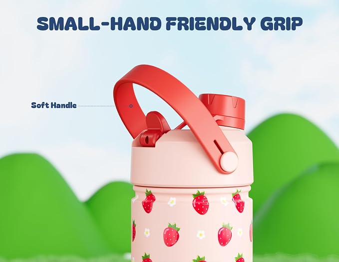 18 oz Kids Metal Water Bottle: 2-in-1 Straw Spout Lid, Spill-Proof, Easy Clean, Keep Cold 24H, Backpack Friendly, BPA-Free Stainless Steel Cup for School, Daycare, Playtime, Gift (Strawberry Daisy)