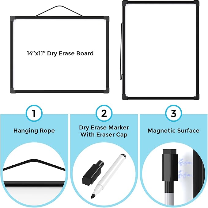 MaxGear Double-Sided Dry Erase Board, 14"x11" Mini Hanging Whiteboard, Small White Board with 3 Dry Erase Markers and 3 Magnets, Portable for Planning, Drawing, Memo, to Do List, Black Frame