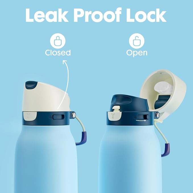 Meoky 24 oz Travel Water Bottle Insulated: 2-in-1 Locking Lid, Cove | Leak Proof, Straw and Spout, 24 Hours Cold, Top Handle, Fits in Car Cup Holder, Stainless Steel Slim Water Bottle for Hiking