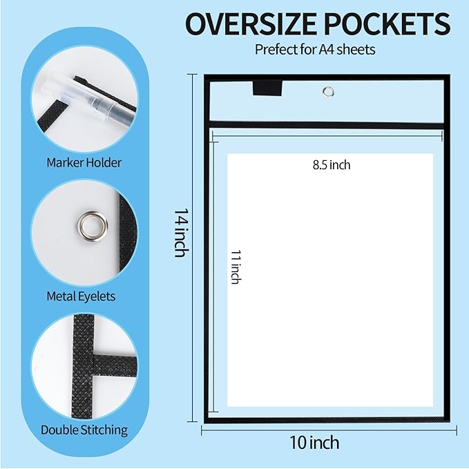 Ufamrine 6 Pcs Dry Erase Pockets Sleeves Black, Job Ticket Holders (10" * 13"), Reusable Plastic Sleeves for Teacher Classroom