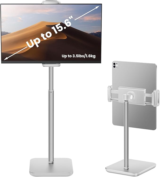 tounee Height Adjustable Tablet Stand, 3.5lb (1.6kg) Max Support, Up to 18" Tall, Slim Portable Monitors Stand Compatible with iPad Pro 12.9, Surface Pro, All 4.7"-15.6" Devices-White