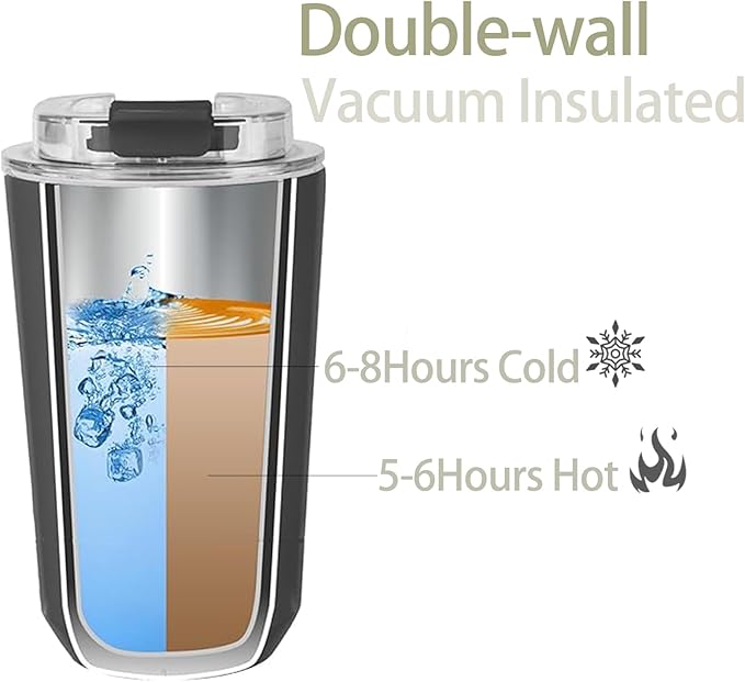 DEQIANG Travel Coffee Cup, Coffee Cup Travel with Lid, Insulated Coffee Mug for Hot & Cold Beverages, Great Gift Choice for Coffee Lovers, Office Workers, Hikers & Commuters (Black, 12 oz)