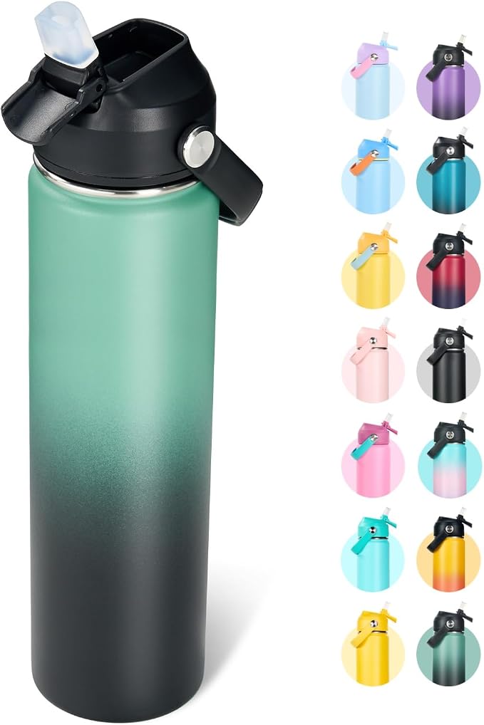 Fijinhom 24oz Insulated Stainless Steel Water Bottle, Wide Mouth Double Wall Vacuum, Silicone Straw, Sweat & Leak Proof, BPA Free Insulated Water Flask for Travel, Keep Cold 24h Hot 12h, Green & Black