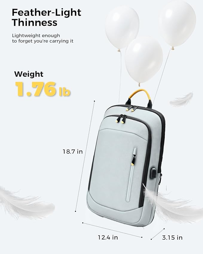 Slim Laptop Backpack for Men, 17.3 Inch Expandable Business Travel Backpack with USB Charging Port, 1.76Lbs Lightweight Work Computer Bag, 600D Waterproof Durable Backpack, Grey
