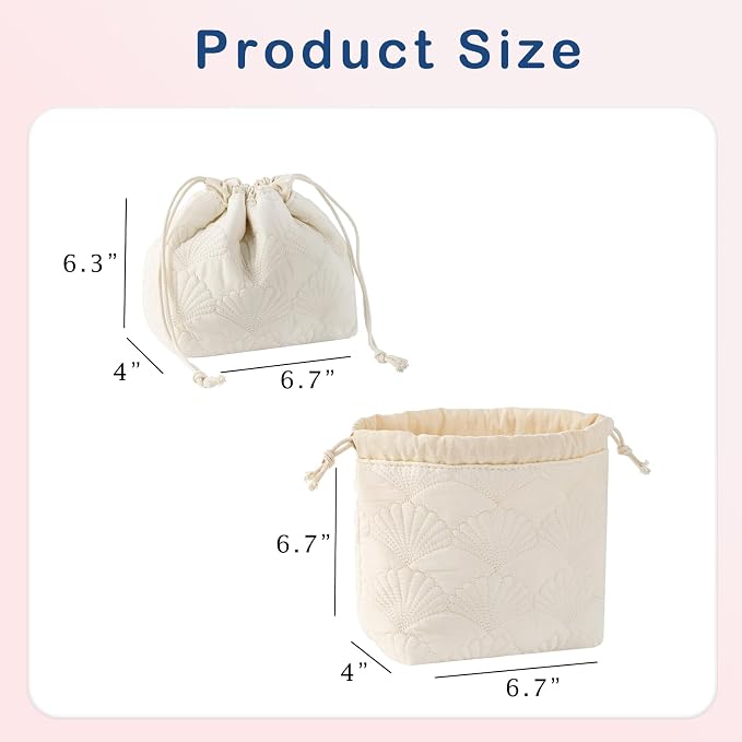 uekeboag Small White Shells Drawstring Quilted Cotton Makeup Bag for Women | Foldable,Lightweitht, Canvas Lining Coquette Quilted Toiletry Bag, Aesthetic Travel Cosmetic Bags