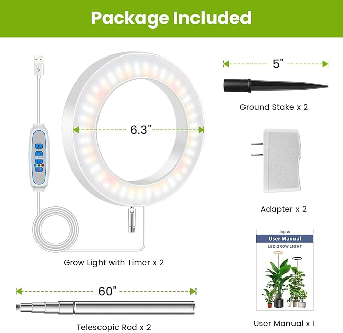Kullsinss 6.3in Grow Light, Full Spectrum Plant Lights for Indoor Growing | White Plant Lamp with 6/12/16H Auto Timer, 5 Brightness Levels, 10-60in Height Adjustable, for Indoor Tall Plants (2-Pack)